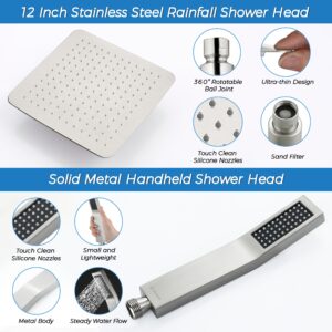 G-Promise All Metal 12 Inch Rainfall Shower Head with Handheld Spray Combo| 3 Settings Diverter|Adjustable Extension Arm with Lock Joints |71 Inches Stainless Steel Hose (Brushed Nickel)