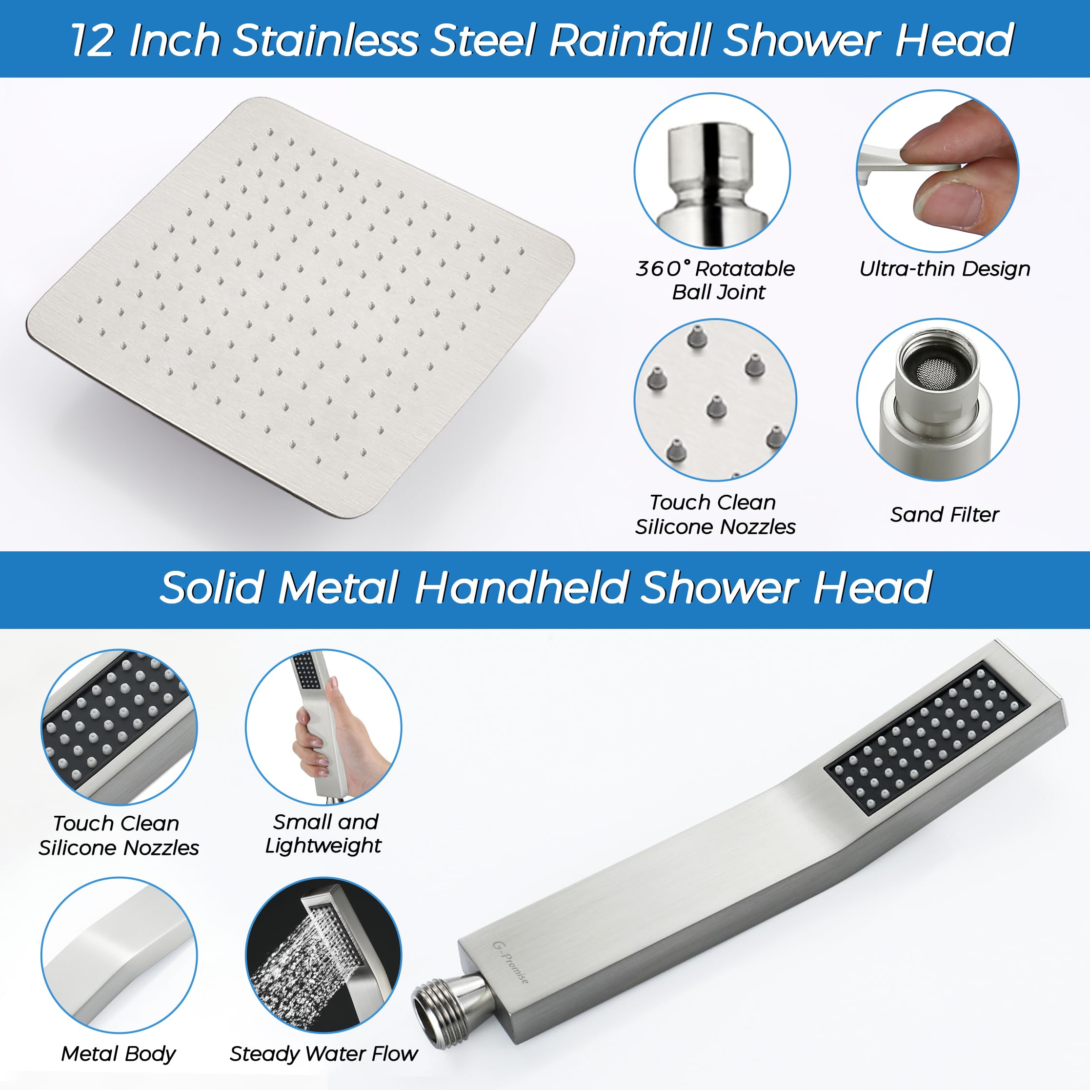 G-Promise All Metal 12 Inch Rainfall Shower Head with Handheld Spray Combo| 3 Settings Diverter|Adjustable Extension Arm with Lock Joints |71 Inches Stainless Steel Hose (Brushed Nickel)