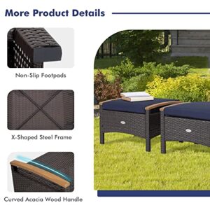 Tangkula 2 Piece Patio Rattan Ottomans, Outdoor Wicker Footstool w/Acacia Wood Handles, Soft Zippered Cushions, 3-in-1 Function Footstool Seat & Side Table for Backyard, Balcony, Poolside (Navy)