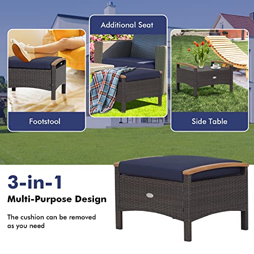 Tangkula 2 Piece Patio Rattan Ottomans, Outdoor Wicker Footstool w/Acacia Wood Handles, Soft Zippered Cushions, 3-in-1 Function Footstool Seat & Side Table for Backyard, Balcony, Poolside (Navy)