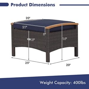 Tangkula 2 Piece Patio Rattan Ottomans, Outdoor Wicker Footstool w/Acacia Wood Handles, Soft Zippered Cushions, 3-in-1 Function Footstool Seat & Side Table for Backyard, Balcony, Poolside (Navy)