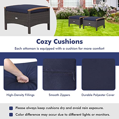 Tangkula 2 Piece Patio Rattan Ottomans, Outdoor Wicker Footstool w/Acacia Wood Handles, Soft Zippered Cushions, 3-in-1 Function Footstool Seat & Side Table for Backyard, Balcony, Poolside (Navy)