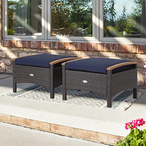 Tangkula 2 Piece Patio Rattan Ottomans, Outdoor Wicker Footstool w/Acacia Wood Handles, Soft Zippered Cushions, 3-in-1 Function Footstool Seat & Side Table for Backyard, Balcony, Poolside (Navy)