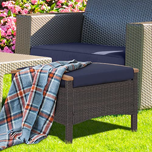 Tangkula 2 Piece Patio Rattan Ottomans, Outdoor Wicker Footstool w/Acacia Wood Handles, Soft Zippered Cushions, 3-in-1 Function Footstool Seat & Side Table for Backyard, Balcony, Poolside (Navy)