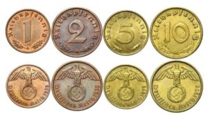 1936 varies 7 diff rare high grade nazi coins!! all pfennig denominations (1-2 pf bronze, 5-10 pf brass) 4 w swastika!! mixed dates 1,2,5,10 pfennigs seller average extra fine or better!