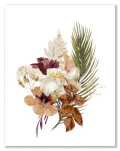 flower wall art, vintage fall nature print, floral botanical watercolor in shades of purple brown rust green and white, rustic antique country farmhouse decor for your living room. unframed 11 x 14.