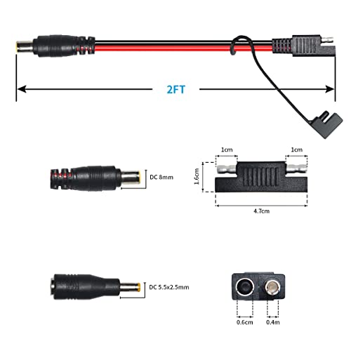 ELFCULB SAE Connector to DC8mm Male Adapter 14 AWG Extension Cable with DC 55mm*25mm Adapter and Polarity Reverse Adapter for Solar Panel Portable Power Station(2FT)