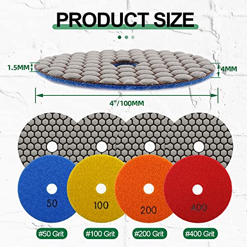 KURSTOL Dry Diamond Polishing Pads Set - 7pcs 4"/100mm Grits #100 Countertop Polishing Pads for Granite Quartz Stone Marble Floor