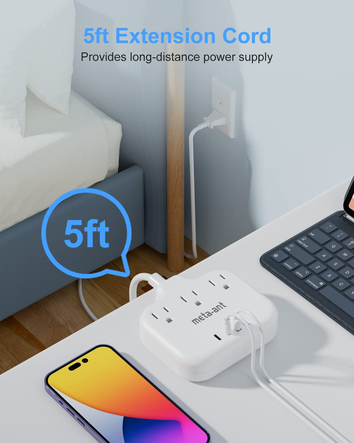 2 Prong to 3 Prong Outlet Adapter, Two Prong Power Strip with 3 Prong Outlets, 3 USB Ports, 5ft Extension Cord Three Prong, Polarized, for Old House, White