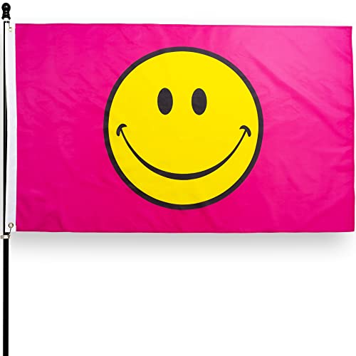 DANF 3x5 FT Pink Happy Face Flag Smile Flags Banner with Two Brass Grommets, Fade Resistant, Canvas Header Tapestry for Home Decor