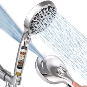 nuodan handheld filtered shower head with on/off pause switch - high pressure 10-modes, built-in power wash to clean bathroom tub, tile or pets, stainless steel hose, wall and overhead brackets