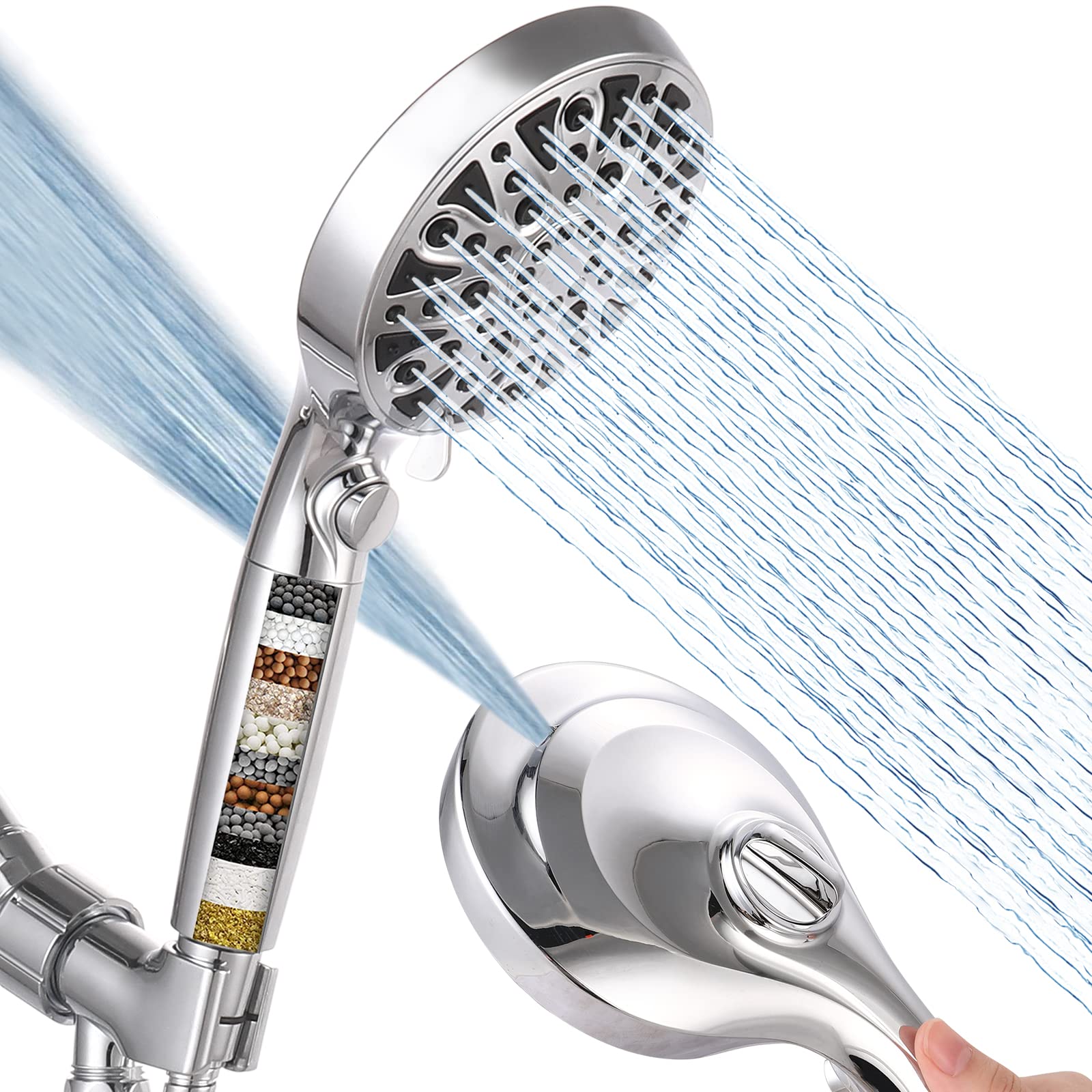 Nuodan Handheld Filtered Shower Head with ON/OFF Pause Switch - High Pressure 10-modes, Built-in Power Wash to Clean Bathroom Tub, Tile or Pets, Stainless Steel Hose, Wall and Overhead Brackets