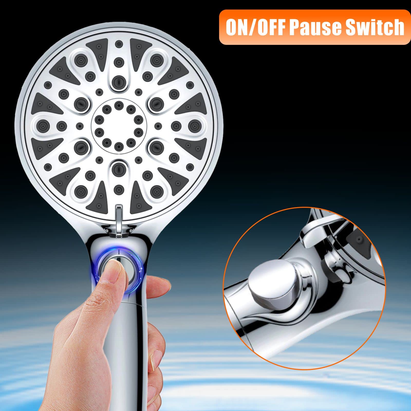 Nuodan Handheld Filtered Shower Head with ON/OFF Pause Switch - High Pressure 10-modes, Built-in Power Wash to Clean Bathroom Tub, Tile or Pets, Stainless Steel Hose, Wall and Overhead Brackets