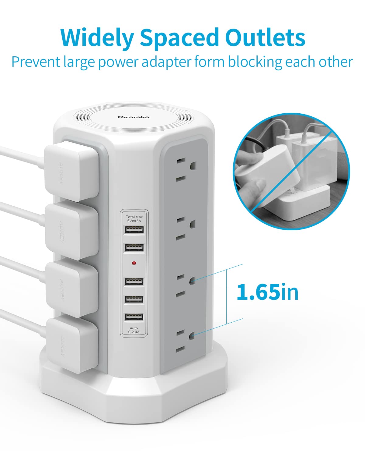 Surge Protector , Fararaka 6FT Power Strip Tower with 16 Outlets and 5 USB Ports, Flat Plug Multi Outlet Tower for Home, Office, Dorm Room