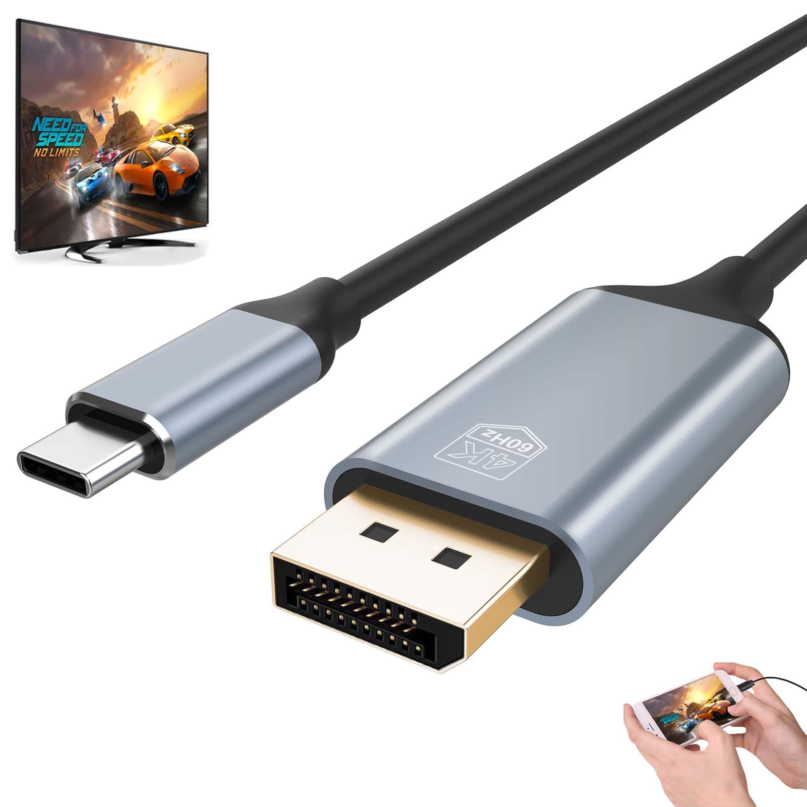 QuadriValue USB-C to DisplayPort Adapter, Thunderbolt 3, 6FT Long, DP 1.4, Compatible with Samsung Galaxy S20, LG G8, OnePlus 7 Pro, HTC U11+ and More