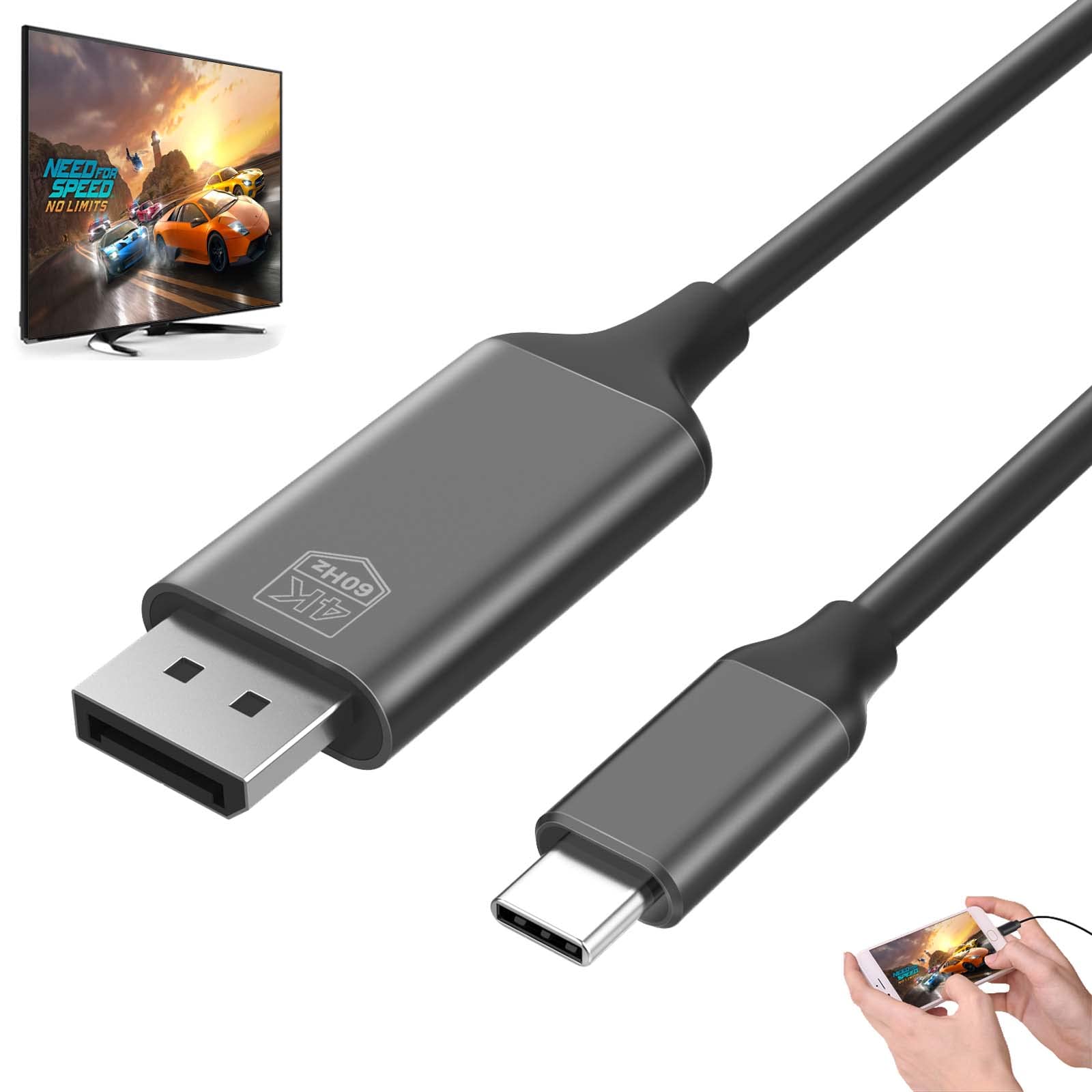 QuadriValue USB-C to DisplayPort Adapter, Thunderbolt 3, 6FT Long, DP 1.4, Compatible with Samsung Galaxy S20, LG G8, OnePlus 7 Pro, HTC U11+ and More