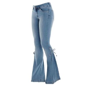 maiyifu-gj lace-up bell bottom denim pants for women bandage drawstring legs flared jeans mid waisted bootcut slim jean trouser (light blue,3x-large)