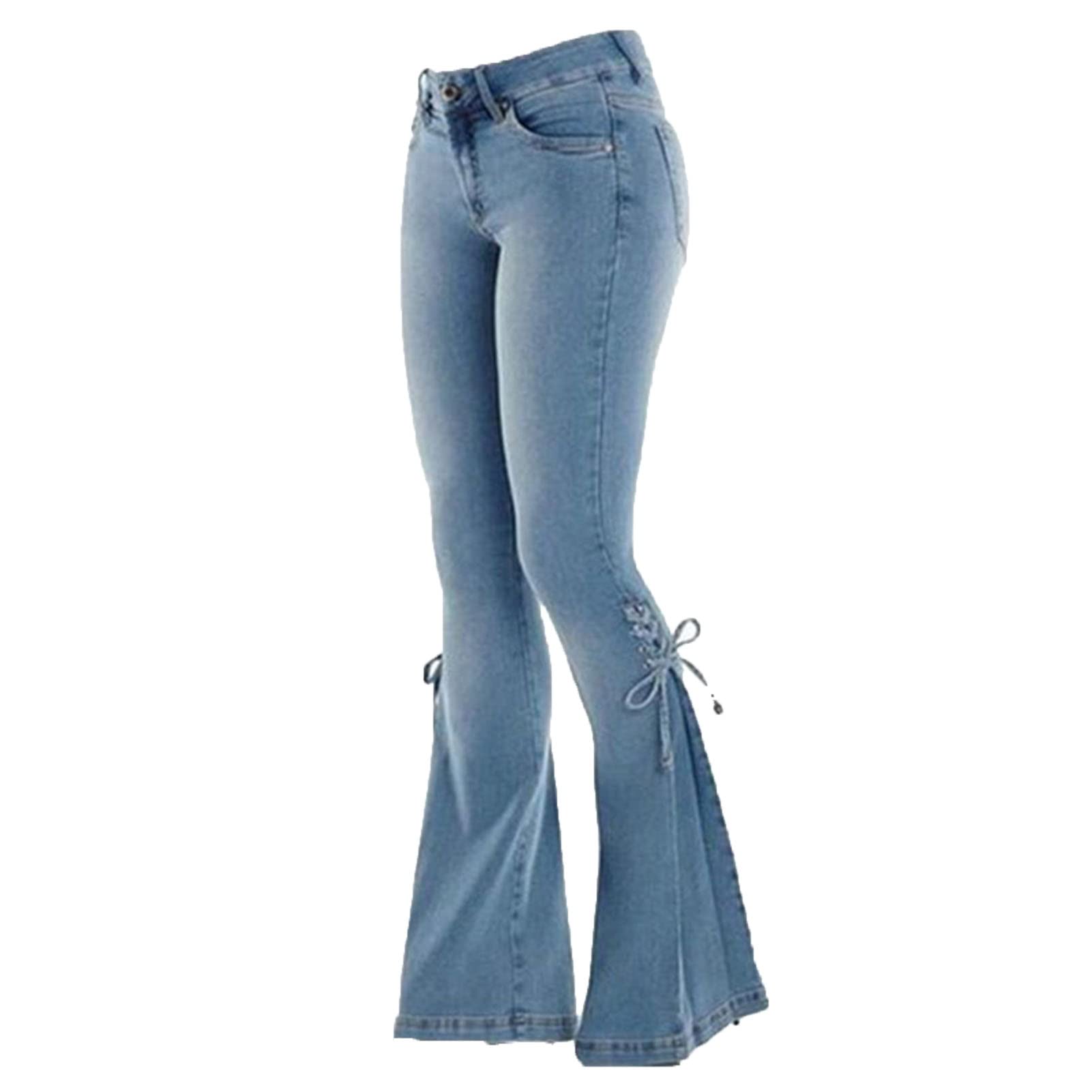 Maiyifu-GJ Lace-up Bell Bottom Denim Pants for Women Bandage Drawstring Legs Flared Jeans Mid Waisted Bootcut Slim Jean Trouser (Light Blue,3X-Large)