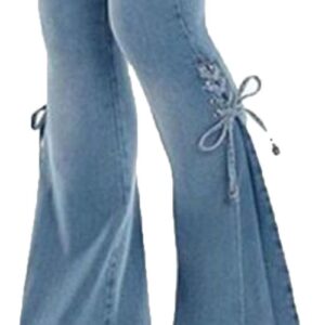 Maiyifu-GJ Lace-up Bell Bottom Denim Pants for Women Bandage Drawstring Legs Flared Jeans Mid Waisted Bootcut Slim Jean Trouser (Light Blue,3X-Large)