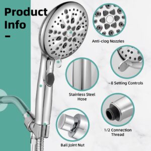 Cobbe High Pressure 9 Functions Shower Head with handheld - Luxury Modern Chrome Look, Built-in Power Spray to Clean Corner, Tub and Pets, Stainless Steel Hose Adjustable Bracket, Chrome