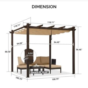 PURPLE LEAF Pergola 10' X 10' Outdoor Retractable Metal Pergola with Canopy Patio Pergola with Shade Cover for Garden Yard Pavilion Grill Modern Pergola for Beach Deck Gazebo, Beige