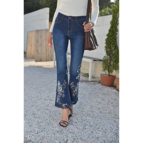 Maiyifu-GJ Womens Embroidered Ankle Flare Jeans High Waist Slim Fit Bell Bottom Denim Pants Butt Lifting Skinny Stretch Jean (Dark Blue,Medium)