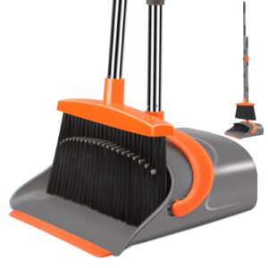 broom and dustpan set for home, broom and dustpan combo for office, long handle broom with upright standing dustpan,indoor&outdoor sweeping (gray&orange)