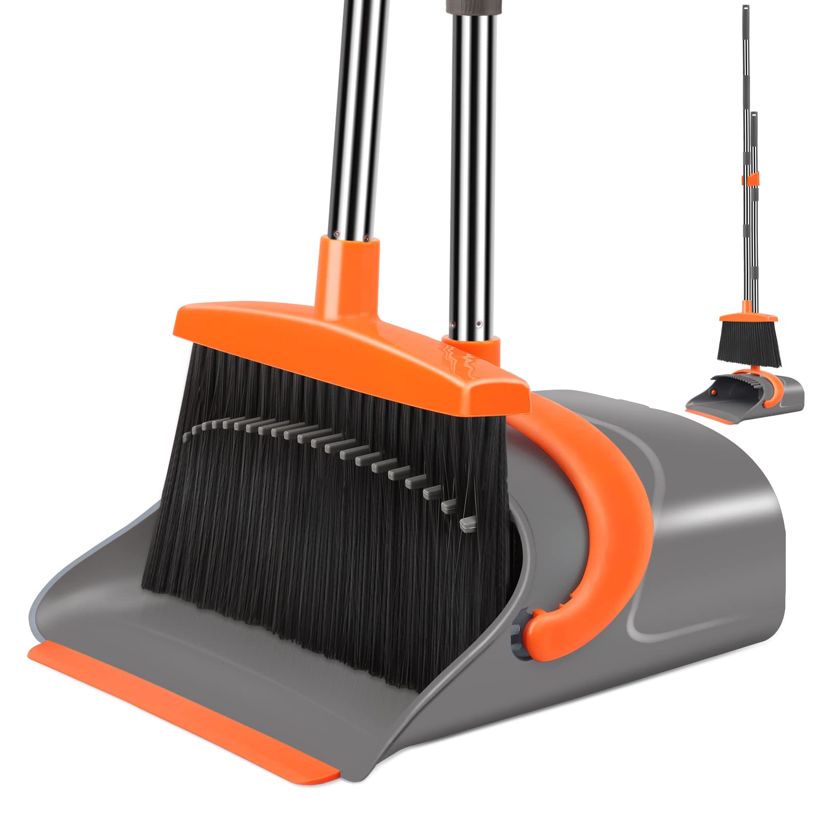 Broom and Dustpan Set for Home, Broom and Dustpan Combo for Office, Long Handle Broom with Upright Standing Dustpan,Indoor&Outdoor Sweeping (Gray&Orange)