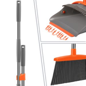 Broom and Dustpan Set for Home, Broom and Dustpan Combo for Office, Long Handle Broom with Upright Standing Dustpan,Indoor&Outdoor Sweeping (Gray&Orange)