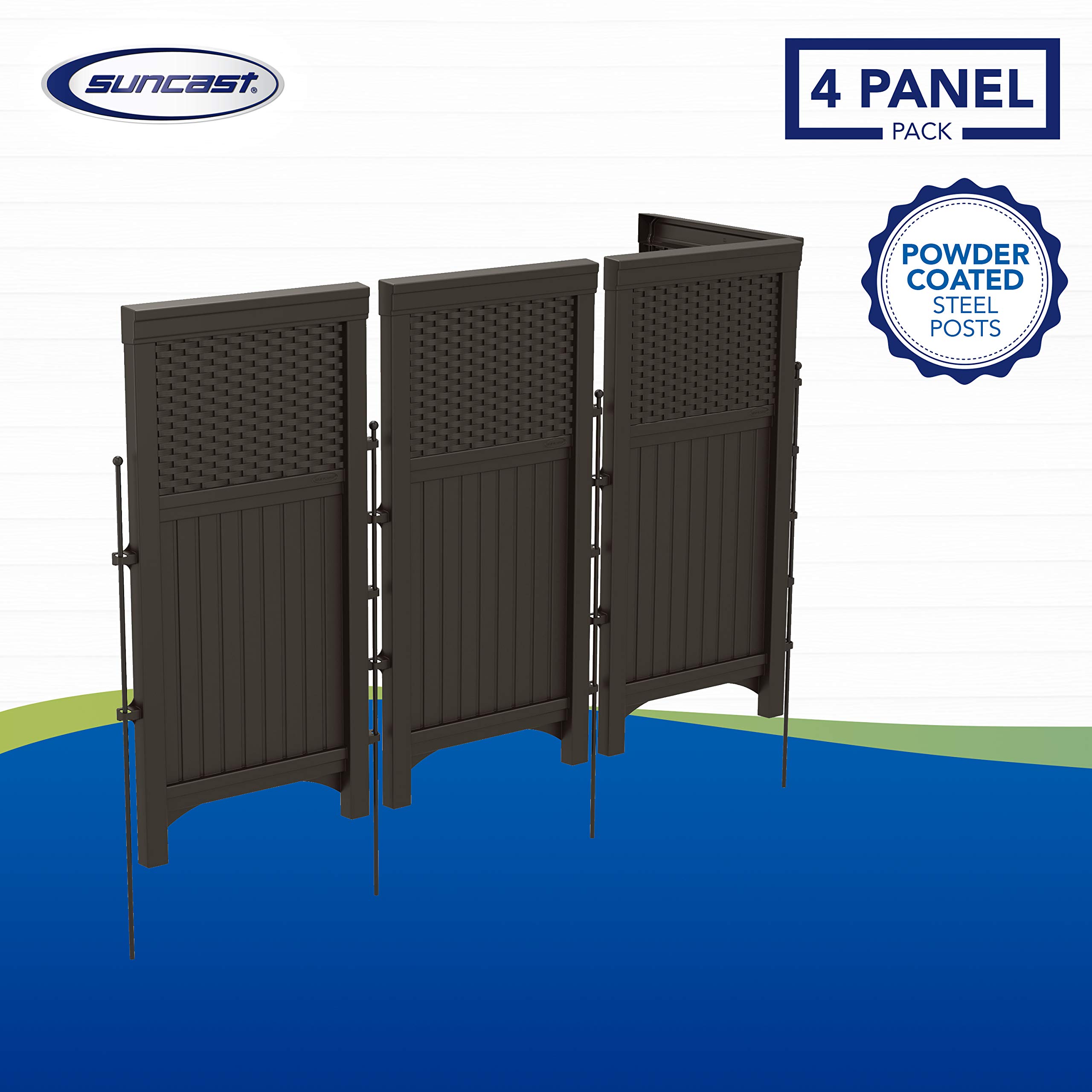 Suncast Wicker Resin Garden Fence Bundle (4 Panels) + Deck Box for Storage