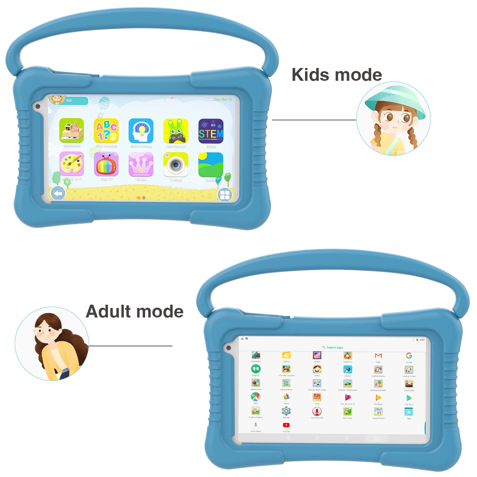 IWGGO Kids 7-inch Tablet with 32GB Storage, Dual Camera, Android 11, Parental Controls, Toddler-friendly