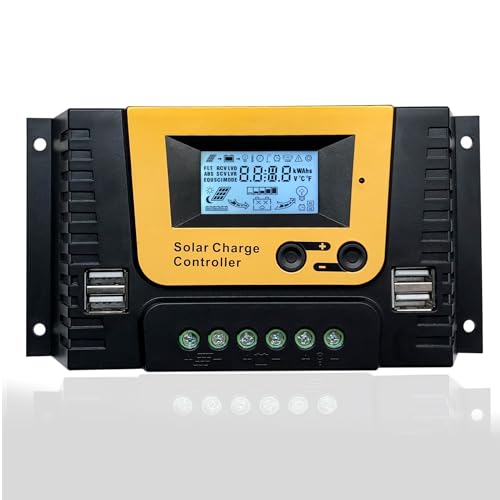 20amp Solar Charge Controller 12V 24V 36V 48V Auto,PWM Solar Controller 20A with Backlit Display, Temperature Sensor,4 USB Ports, Fit for MAX 1040W Solar Panels Gel Sealed Flooded and Lithium Battery