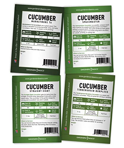 Cucumber Seeds for Planting Outdoors 8 Variety Pack Burpless Tendergreen, Beit Alpha, Marketmore 76, Armenian, Boston Pickling, Lemon, Spacemaster, Straight Eight Veggie Seeds by Gardeners Basics