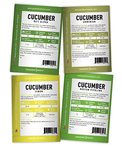 Cucumber Seeds for Planting Outdoors 8 Variety Pack Burpless Tendergreen, Beit Alpha, Marketmore 76, Armenian, Boston Pickling, Lemon, Spacemaster, Straight Eight Veggie Seeds by Gardeners Basics