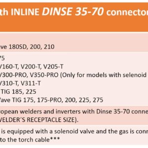 26F Series - 200 Amp - Air Cooled - Flexible Head TIG Torch - 25 feet 1-Piece Cable - INLINE Gas Dinse 35-70 Connector - (Welders with Gas Solenoid)