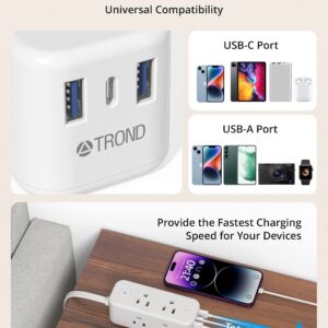 Flat Plug Power Strip - TROND 5ft Ultra Thin Extension Cord with 6 Widely Outlets and 3 USB Ports(1 USB C) + TROND Ultra Thin Flat Extension Cord 5ft with 3 USB Ports, 4 Widely-Spaced Outlets