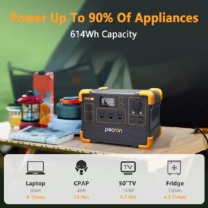 pecron Portable Power Station E600LFP 614Wh Solar Generator Power Station with 3X1200W AC Outlets 100W USB-C PD Output LiFePO4 Battery Backup for Outdoor Camping Emergency