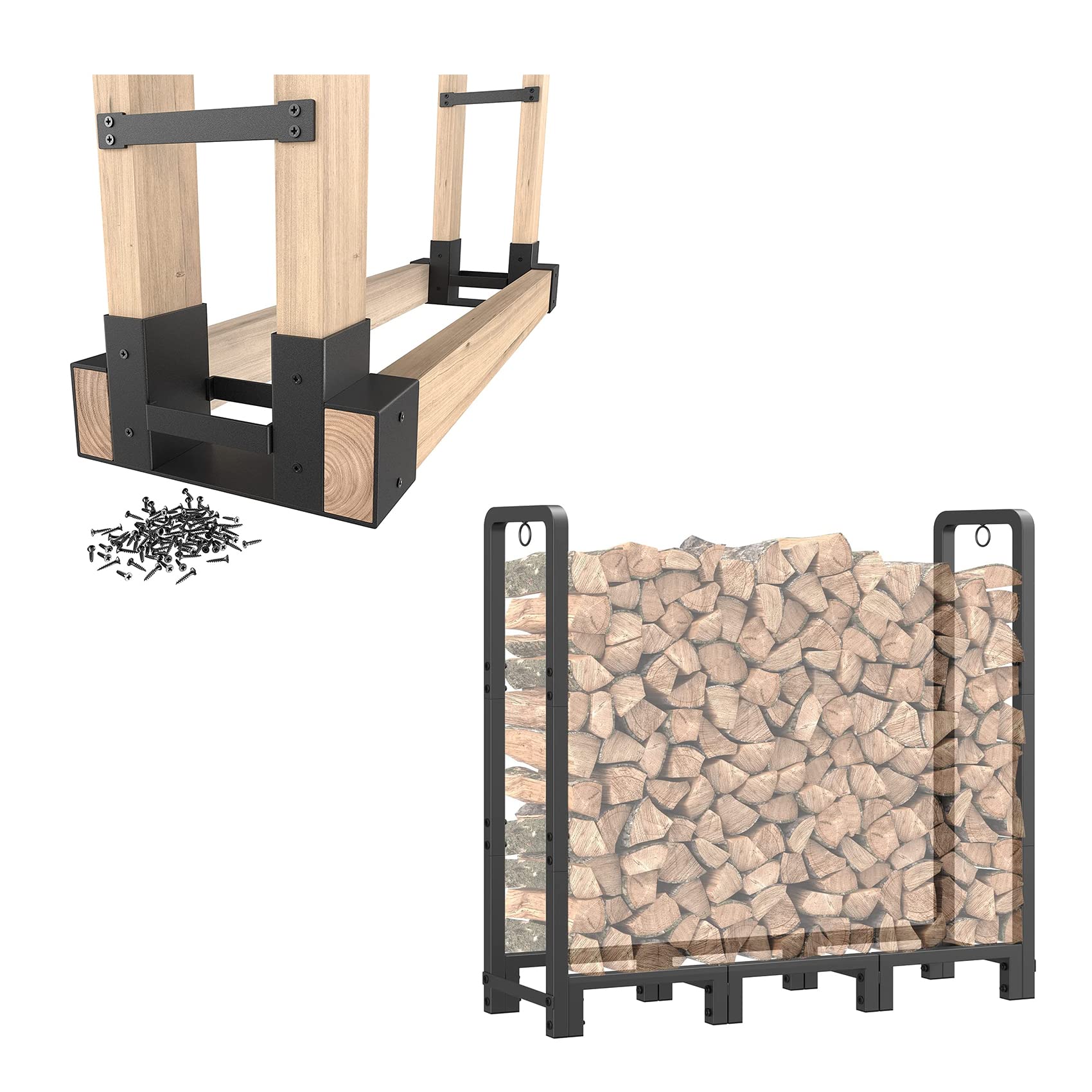 Mr IRONSTONE Firewood Log Storage Rack Bracket Kit Black& 4ft Firewood Rack Outdoor Indoor, Upgraded Adjustable Heavy Duty Firewood Rack