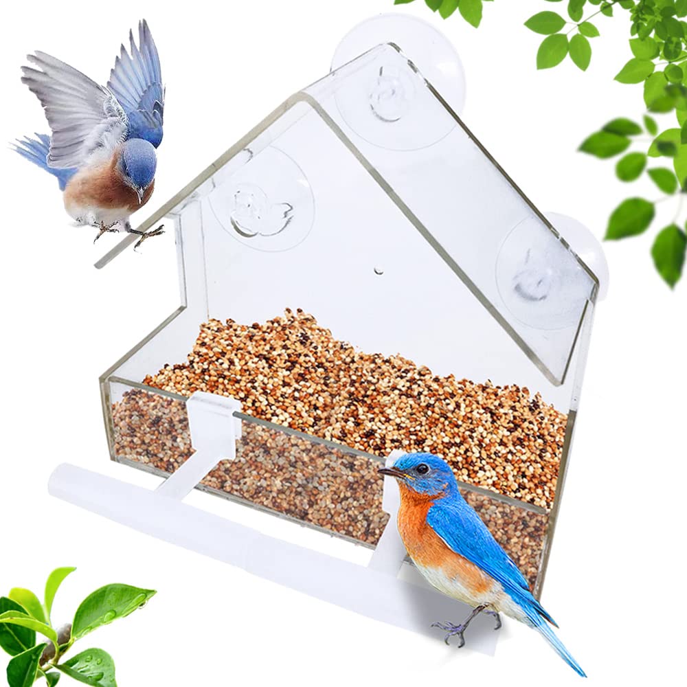 WLLKOO Window Bird Feeder, Bird House for Outside with 2 Rod, Small Acrylic Window Bird Feeder with Strong Suction Cups and Drain Holes 5.9 * 2.4 * 5.9 inch