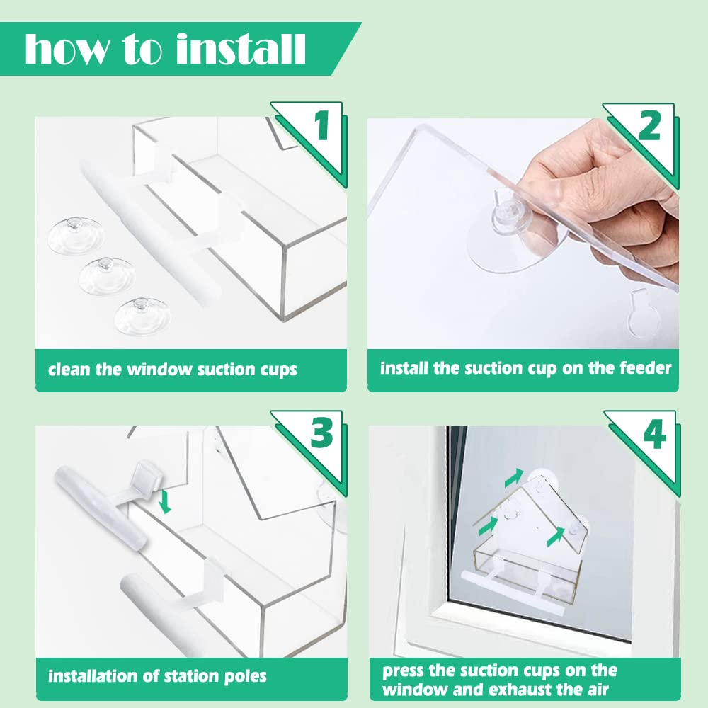 WLLKOO Window Bird Feeder, Bird House for Outside with 2 Rod, Small Acrylic Window Bird Feeder with Strong Suction Cups and Drain Holes 5.9 * 2.4 * 5.9 inch