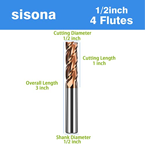 sisona 1/2" Square Nose Carbide End Mill Bits - 4 Flutes，1/2" Diamter，3'' Overall Length - Sharpness，Durable，Smooth Cutting