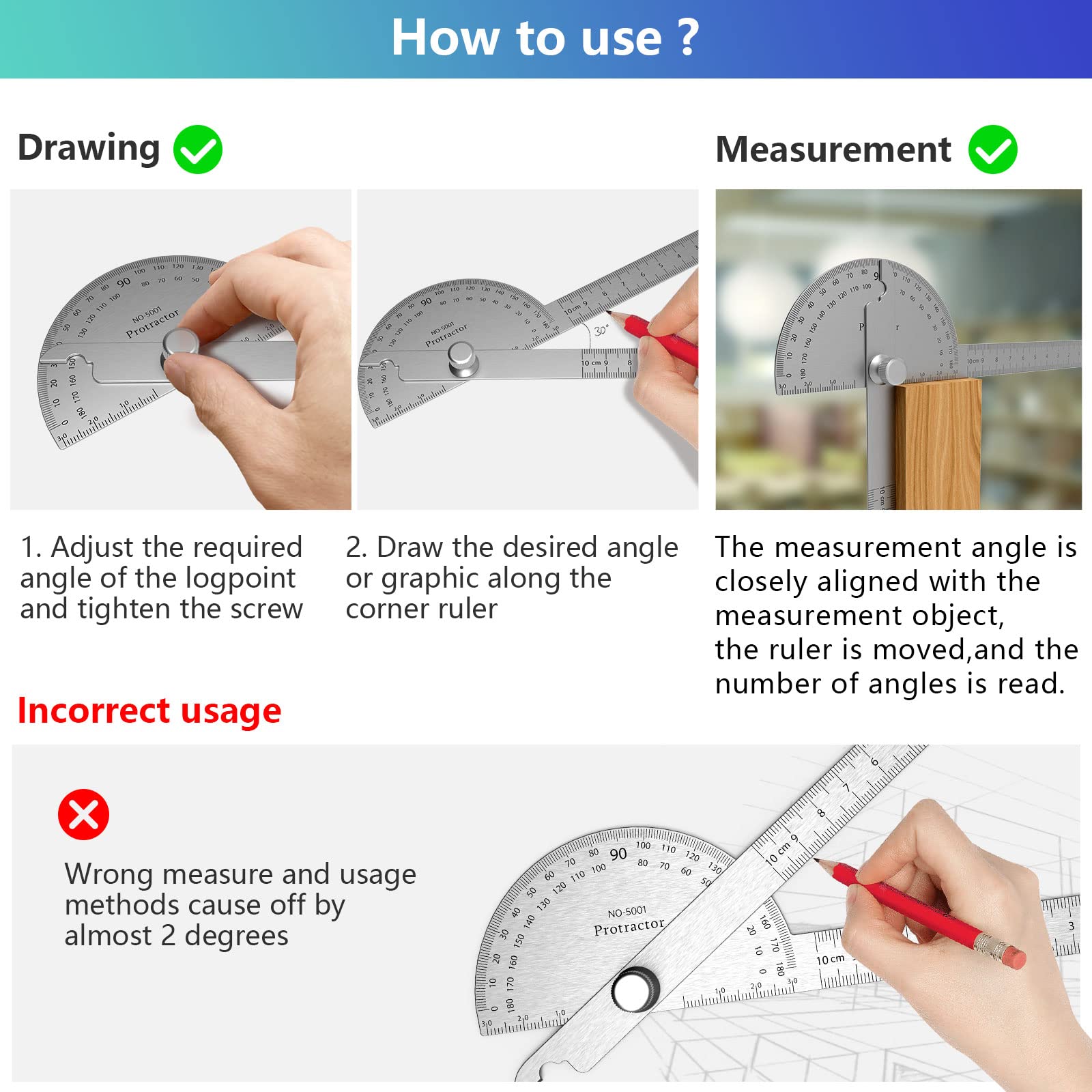 ForoGore Stainless Steel Protractor 180 Degrees Two Arm Ruler Adjustable Angle Protractor Woodworking Ruler Craftsman Angle Measure Tool (10 cm/ 3.94 Inch)