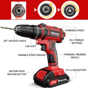 Etersec Cordless Drills Set 21V Electric Power Drill Kit with 2 Lithium-ion Batteries and 1 Fast Charger 3/8-Inch Keyless Chuck 2-Variable Speed 25+1 Torque Setting For Drilling Wood Wall