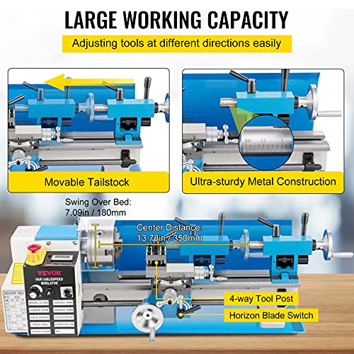 VEVOR Mini Metal Lathe, 7"x14", Benchtop Metal Lathe, 550W Variable Speed 2250 RPM Metal Lathe, with 3-jaw Chuck Mini Lathe Machine, Precision Mini Lathe w/Tool Box Digital Display for Metal Turning