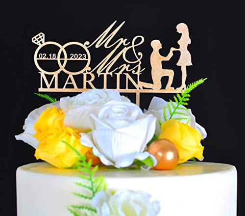 Carved wood decoration,Personalized Wedding Cake Toppers, Customize Wedding Date And Last Name, Bride & Groom,Mr& Mrs Cake Topper,Cake Topper (Diamond ring + Character（wood）)