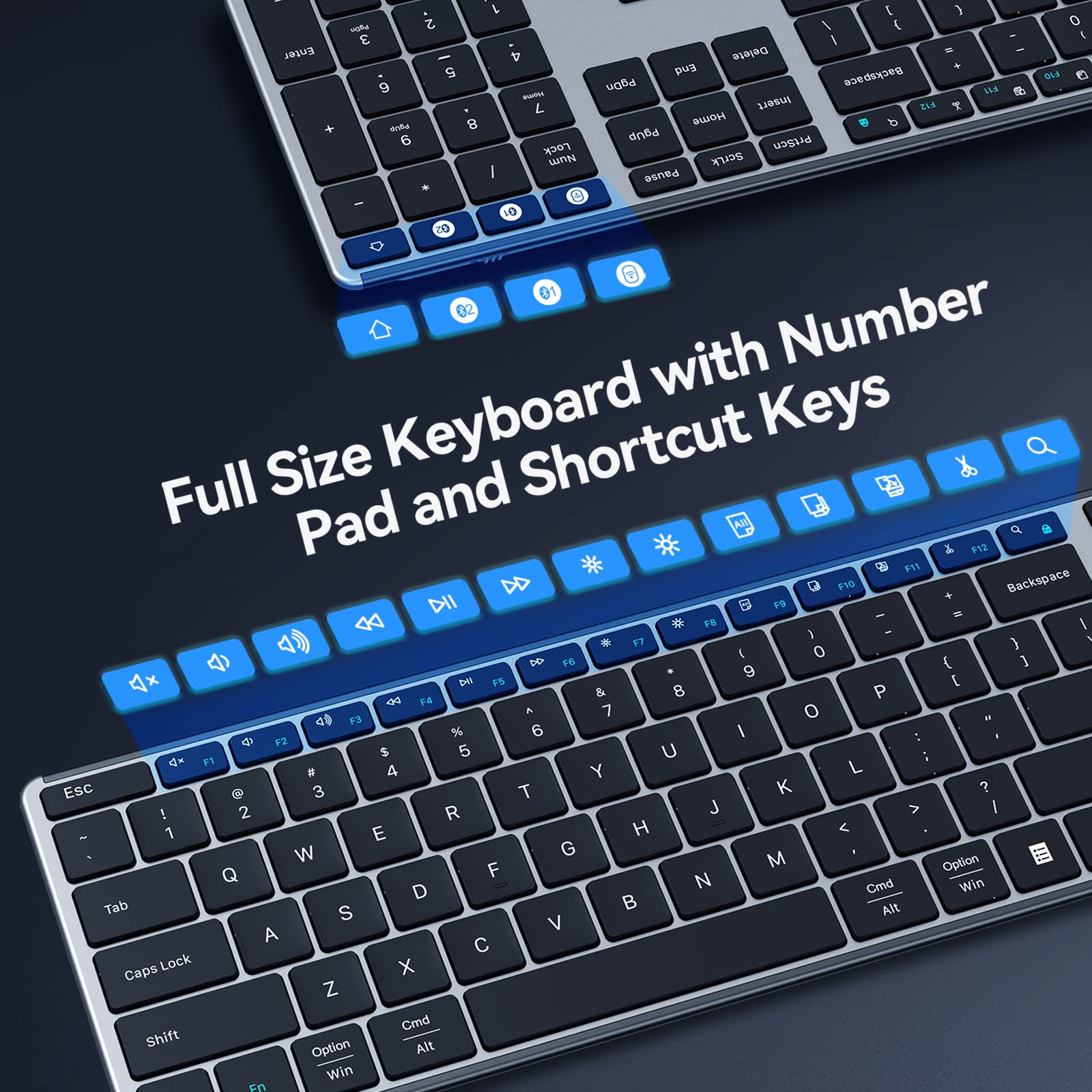 AUSDOM Wireless Bluetooth Keyboard Full Size, Quiet Slim Multi-Device Rechargeable Cordless QWERTY Keyboard with Number Pad, Low Profile Silent Flat Universal Keyboard for Computer/Mac/Windows