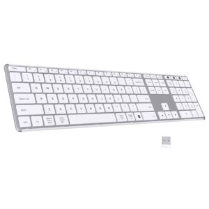 ausdom white wireless full size keyboard: bluetooth multi-device usb cordless slim quiet keyboard with numberpad, rechargeable noiseless silent universal flat keyboard for mac imac macos pc computer