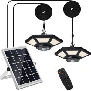 hulppre 2pack solar shed light motion sensor 5 modes-daytime avaialble 180leds 360° bright solar light indoor&outdoor with remote,ip65 barn/chicken coop/ceiling/pendant light for gazebo,patio,yard