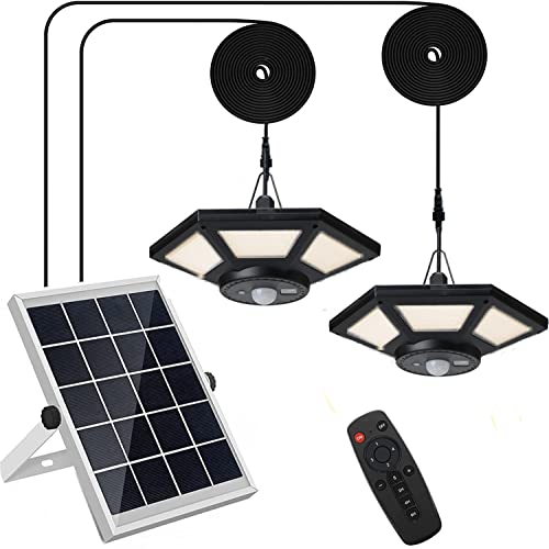 HULPPRE 2pack Solar Shed Light Motion Sensor 5 Modes-Daytime Avaialble 180Leds 360° Bright Solar Light Indoor&Outdoor with Remote,IP65 Barn/Chicken Coop/Ceiling/Pendant Light for Gazebo,Patio,Yard