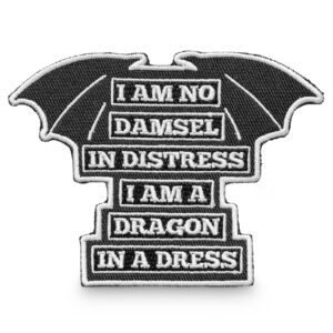 moonmoli embroidered patches for jackets, feminist design, i am no damsel in distress i am a dragon in a dress - sew on or iron on patch for clothes, jeans, pants, denim, bag, hat - punk style, black